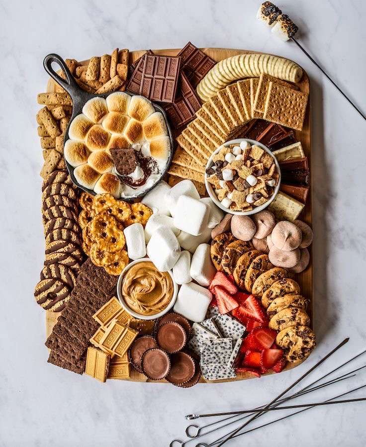 Chocolate dessert charcuterie board with smores.
