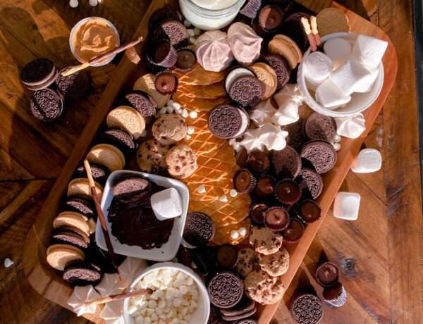 Dessert board with a variety of chocolates.